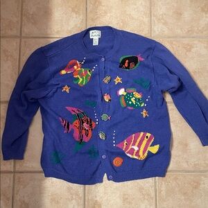 Vtg The Quacker Factory Fish Cardigan Sweater 90s Button Down Knit Size 3x